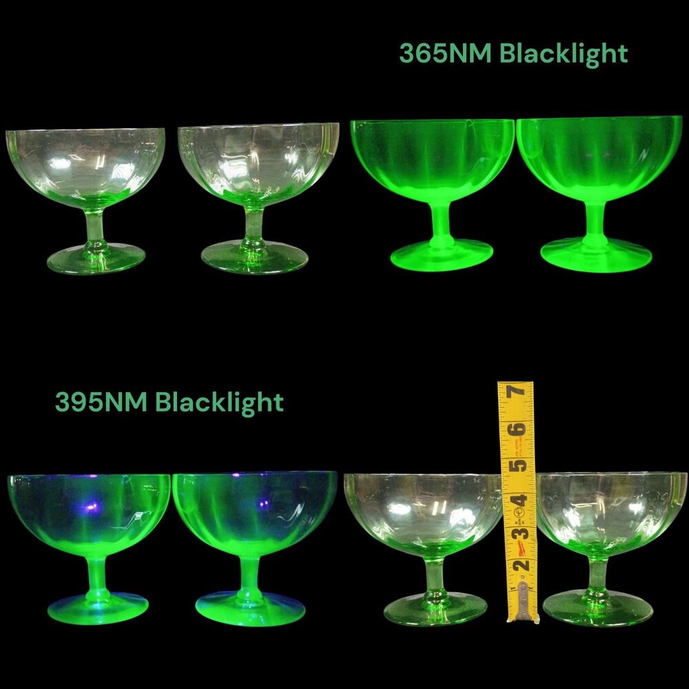 Lot Of Two Green Uranium Glass Blown Ribbed Wine Water Glasses Goblets